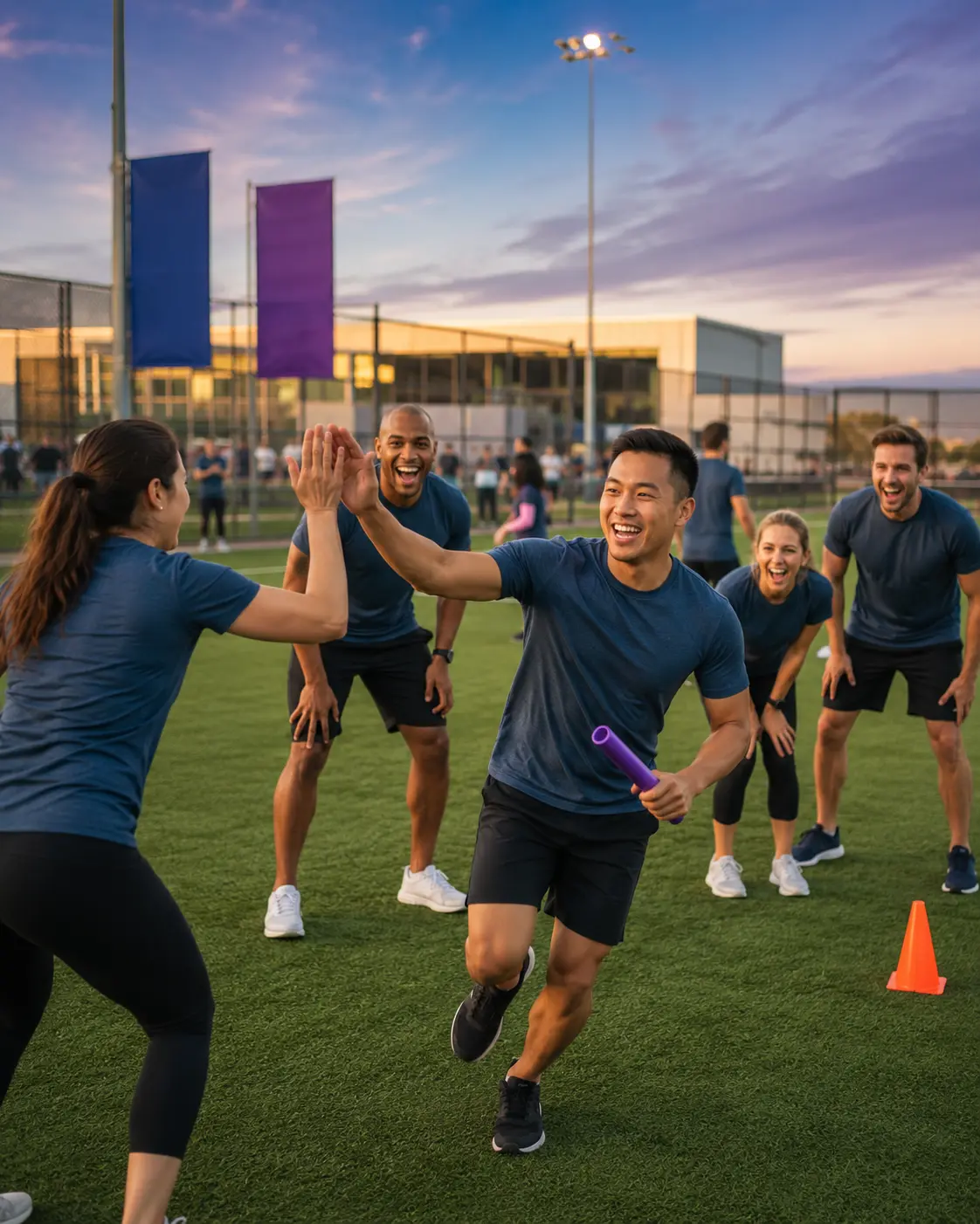A company team in matching shirts laughing through a team-building field day on the turf at Destination KP