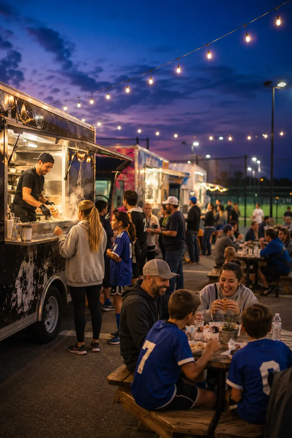 Families and young athletes grabbing food from a lineup of food trucks under string lights at dusk at Destination KP